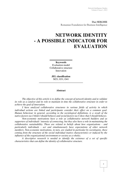 Volume I, Network Intelligence Studies
